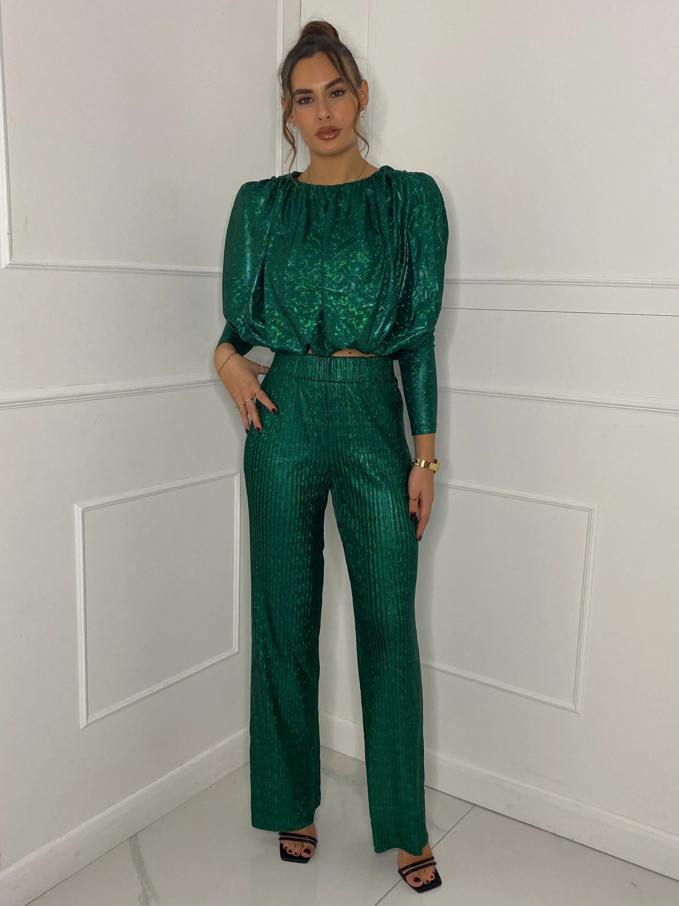 Metallic Look Top & Flares Co-Ord - Green