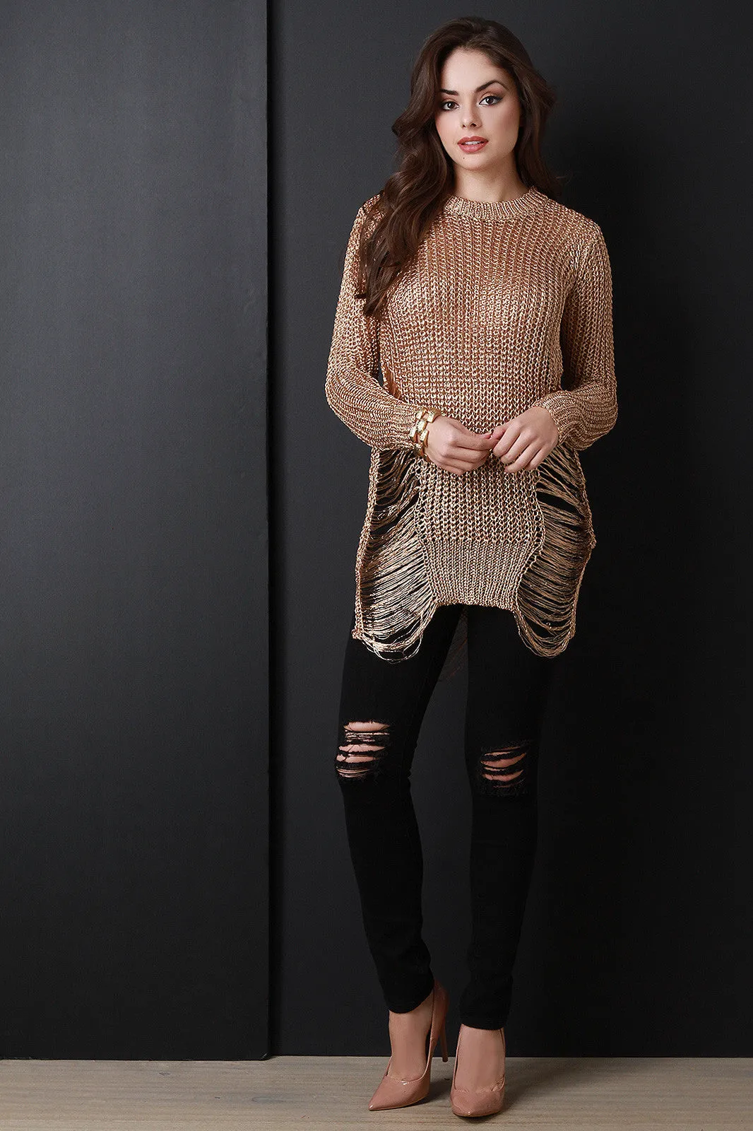 Metallic Loose Knit Shredded Sweater