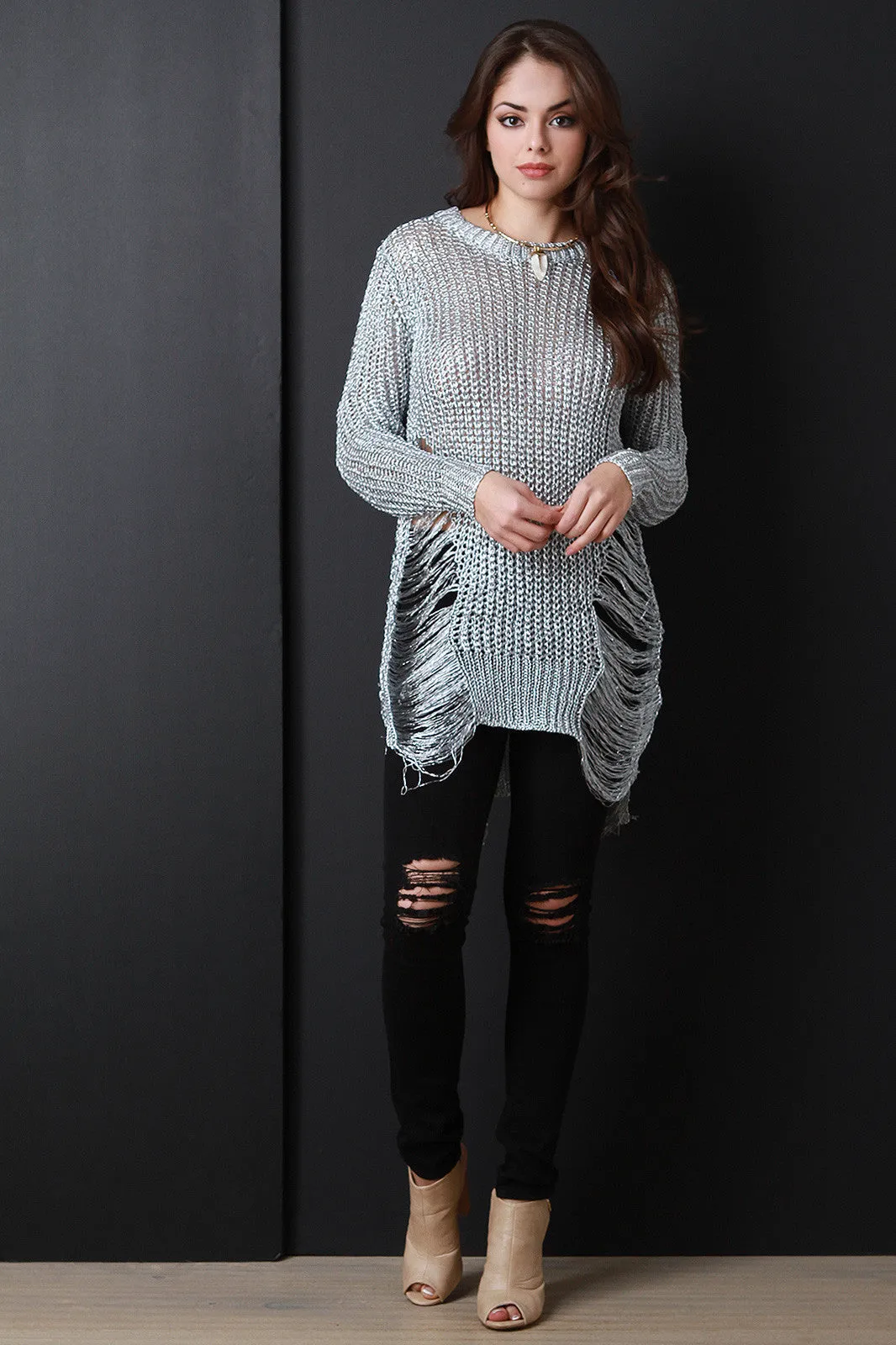 Metallic Loose Knit Shredded Sweater