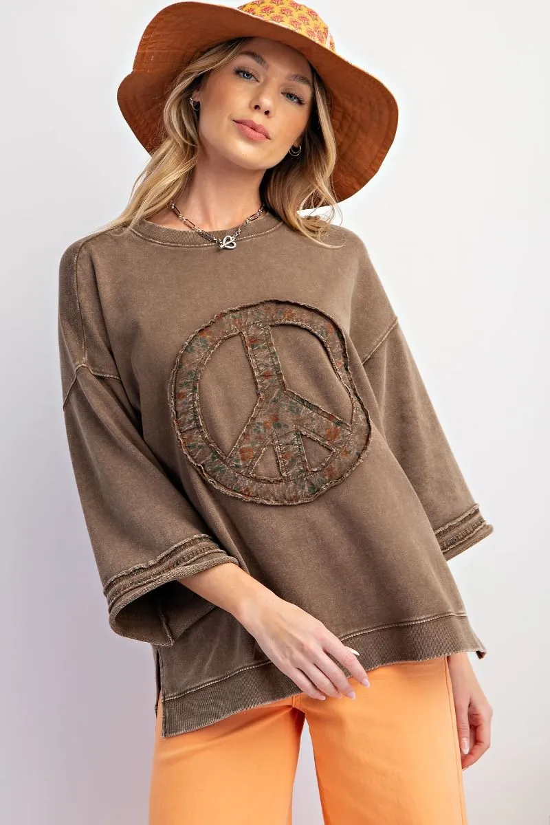 Mineral Washed Terry Floral Peace Sign Pullover