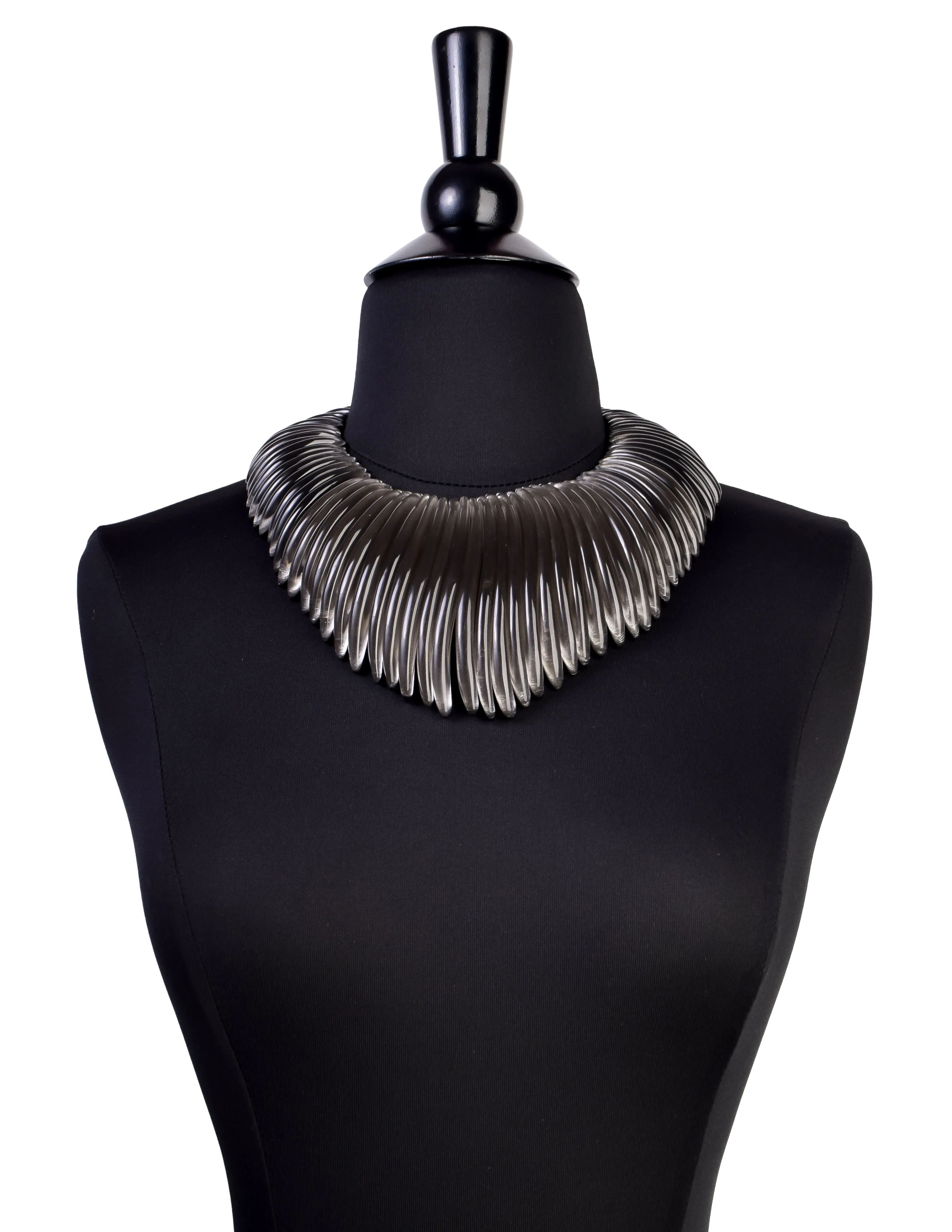 Monies Vintage Black Gunmetal Silver Foil Leaf Clear Resin Sprawling Ray Statement Necklace