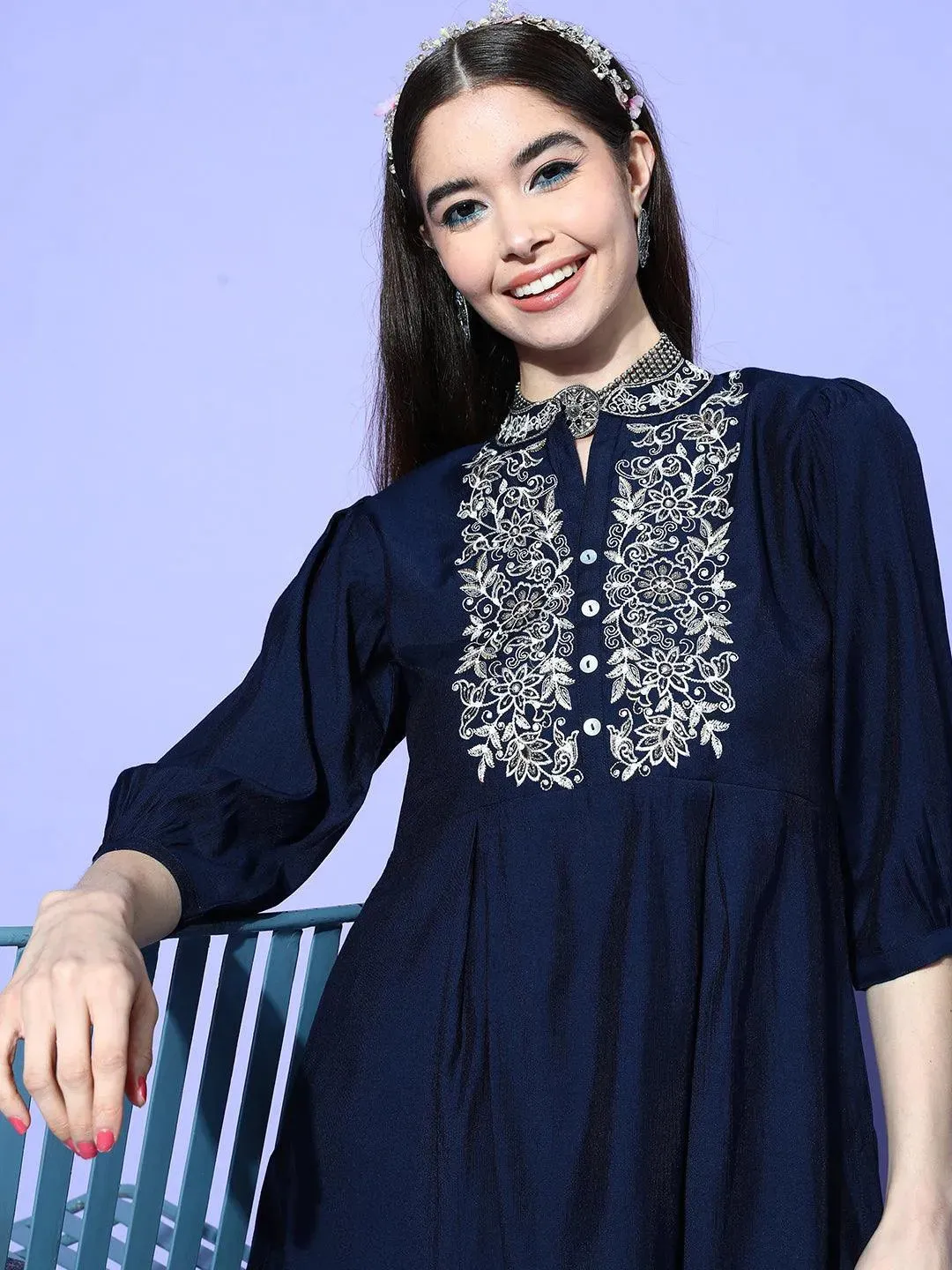 Navy Blue Embellished Silk Blend Tunic With Trousers