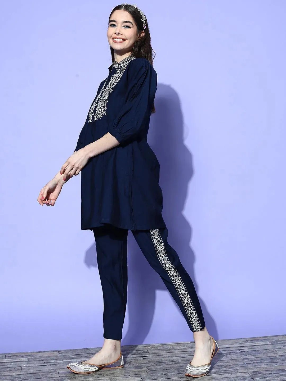 Navy Blue Embellished Silk Blend Tunic With Trousers