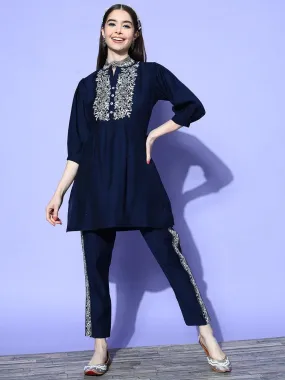 Navy Blue Embellished Silk Blend Tunic With Trousers