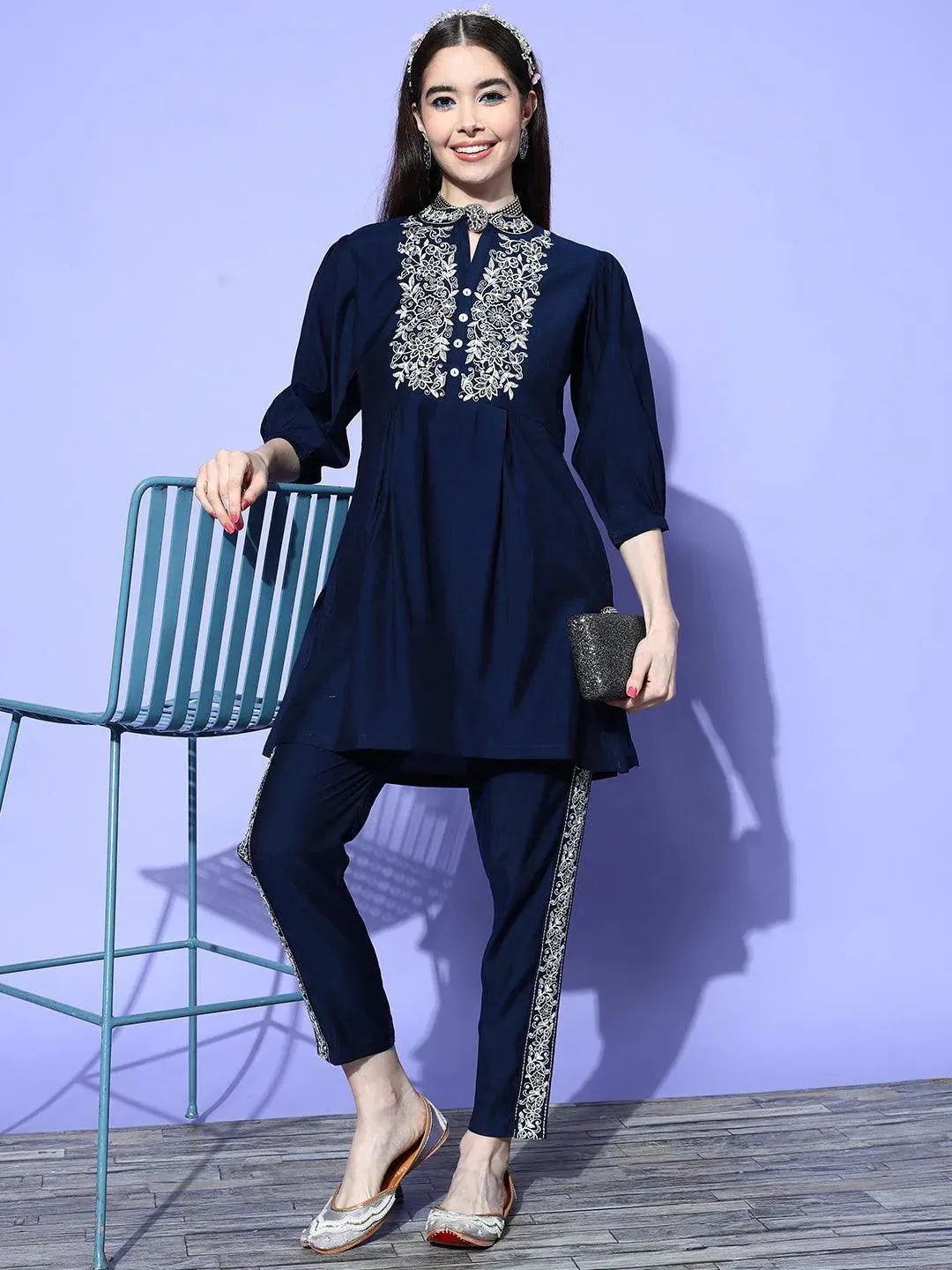 Navy Blue Embellished Silk Blend Tunic With Trousers