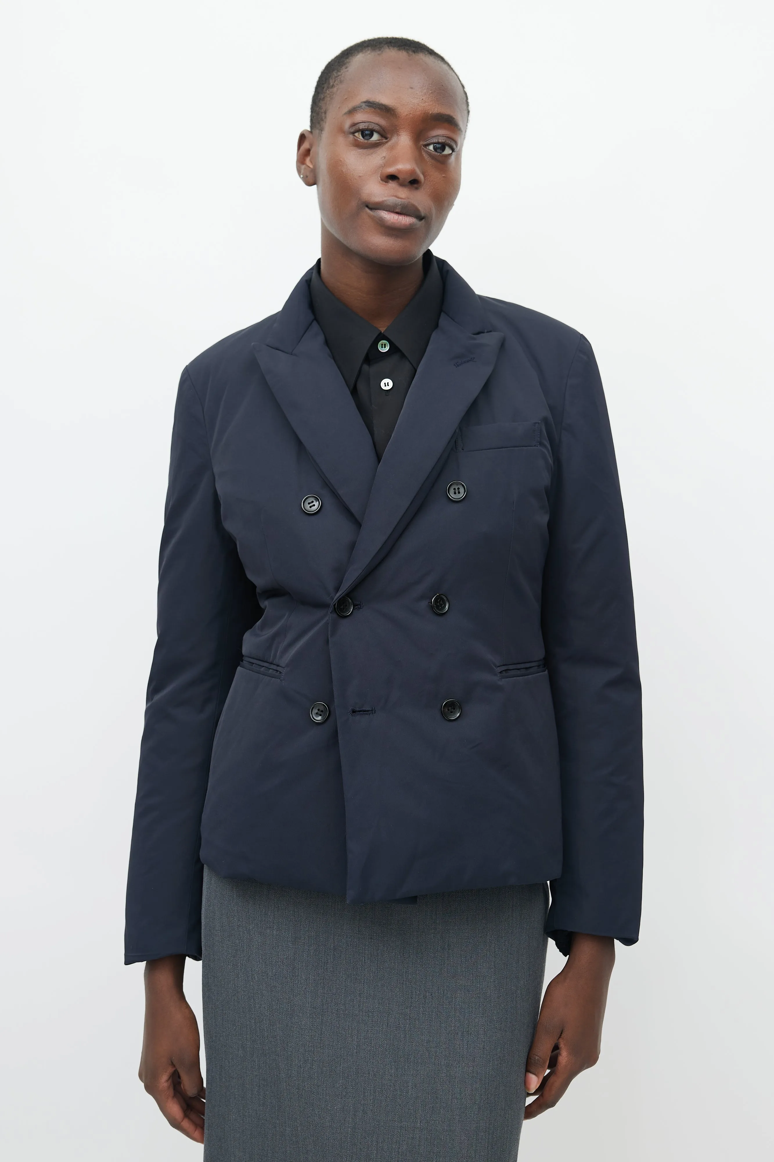 Navy Double Breasted Suit Puffer Jacket