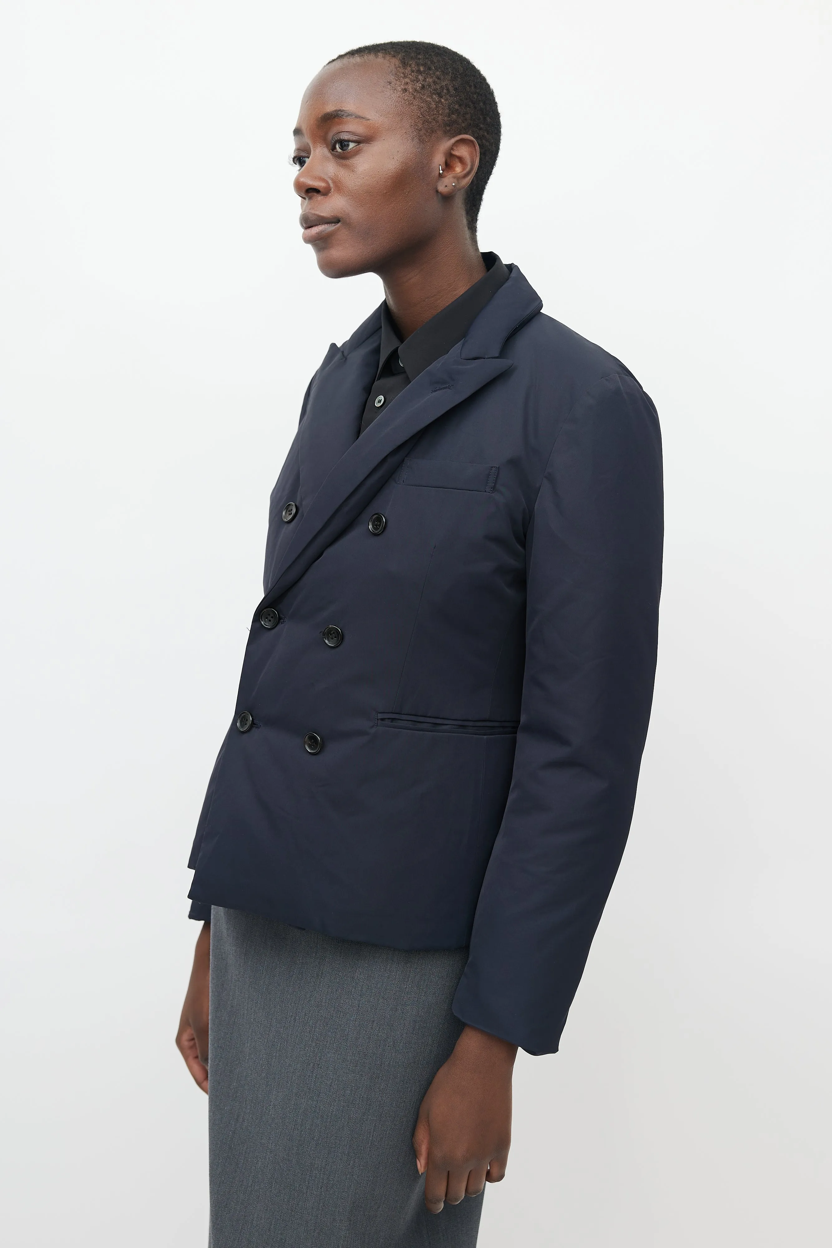 Navy Double Breasted Suit Puffer Jacket