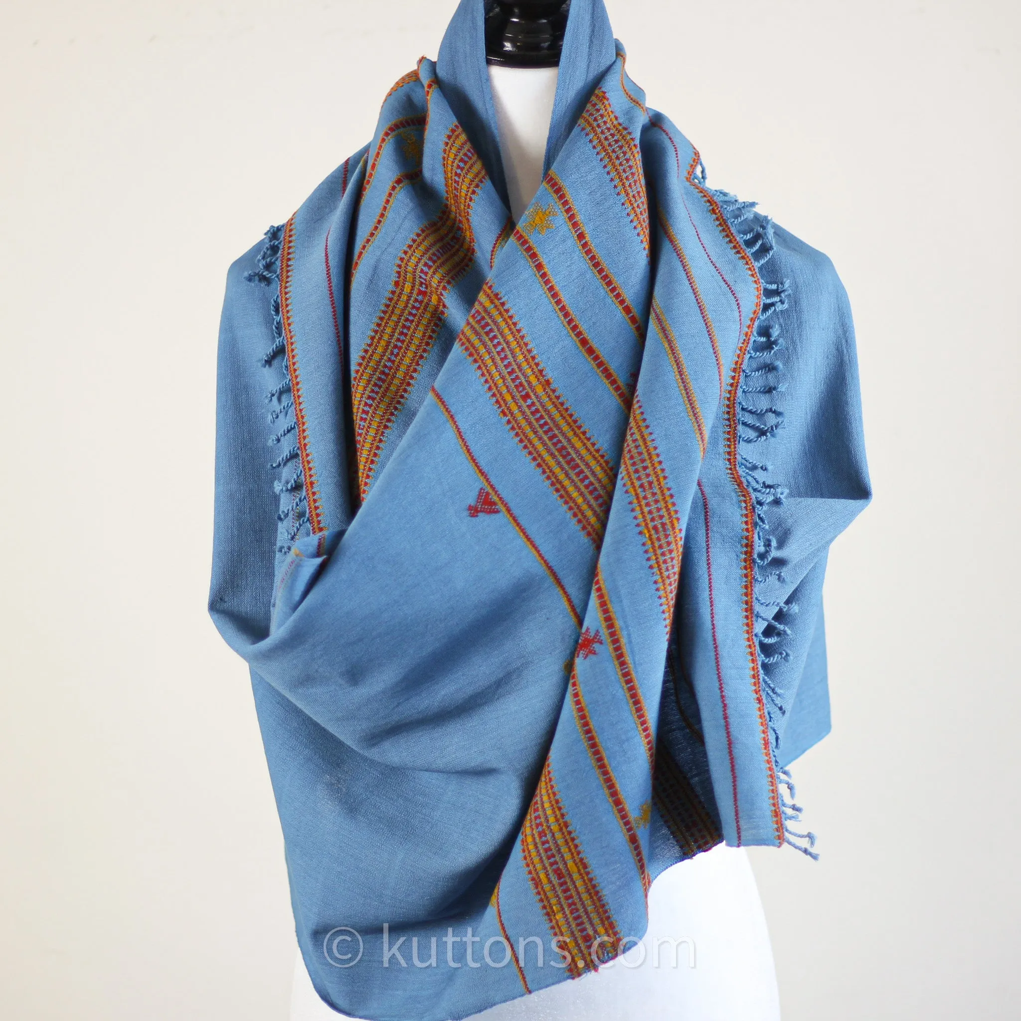 Organic Kala Cotton Scarf - Handspun & Handwoven Wrap with Tassels | Blue, 23x77"