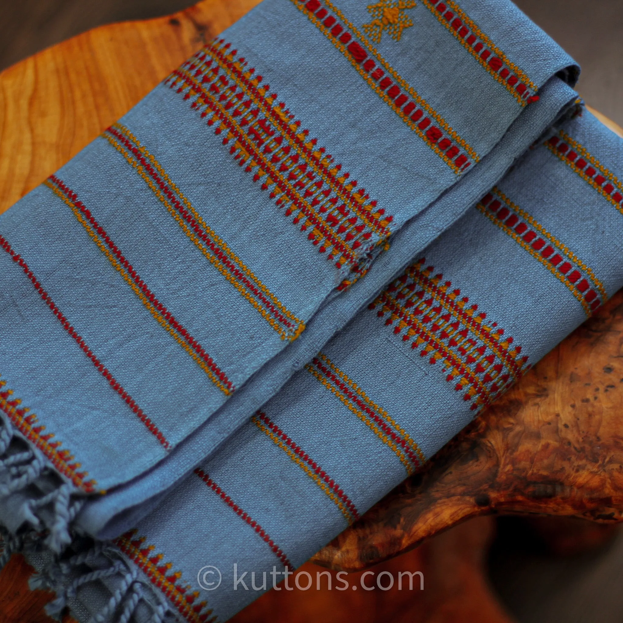 Organic Kala Cotton Scarf - Handspun & Handwoven Wrap with Tassels | Blue, 23x77"