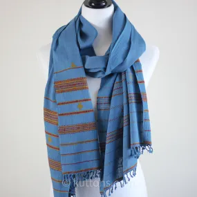 Organic Kala Cotton Scarf - Handspun & Handwoven Wrap with Tassels | Blue, 23x77"