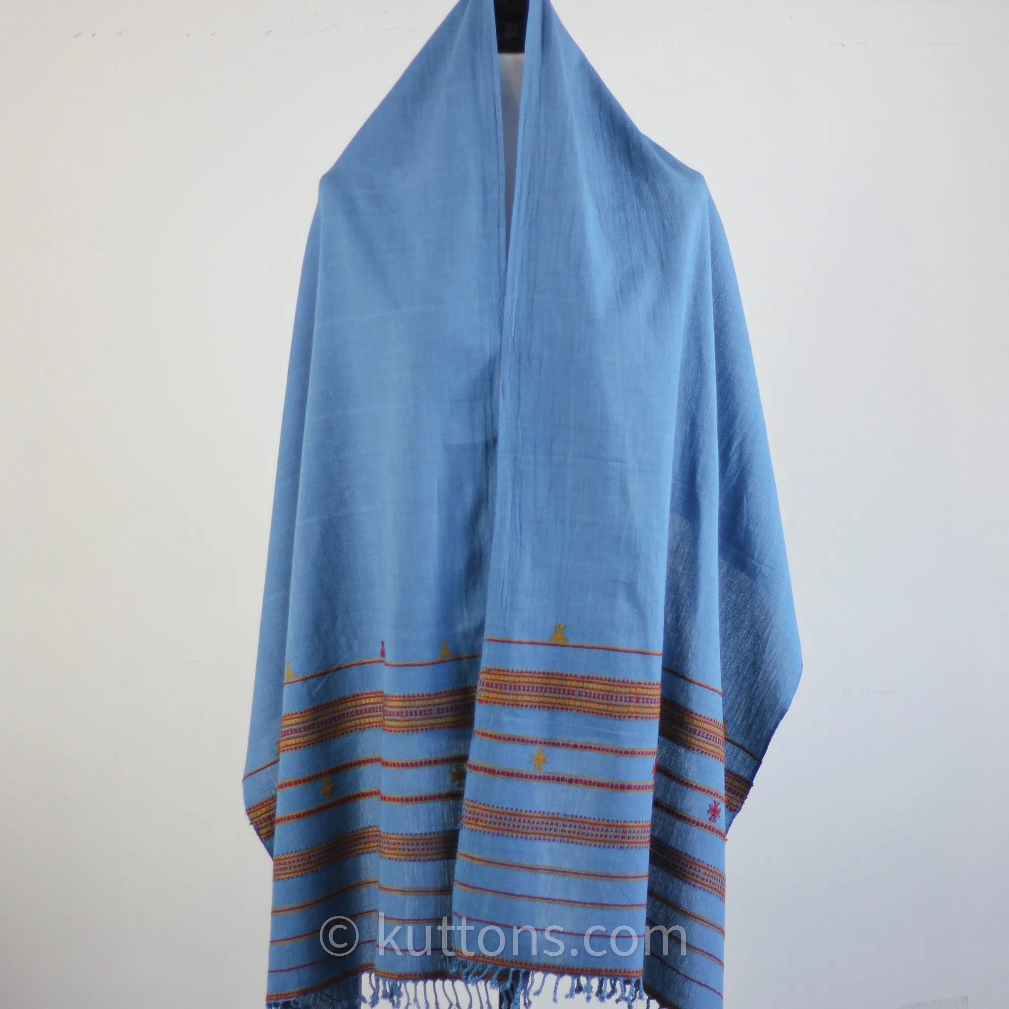 Organic Kala Cotton Scarf - Handspun & Handwoven Wrap with Tassels | Blue, 23x77"