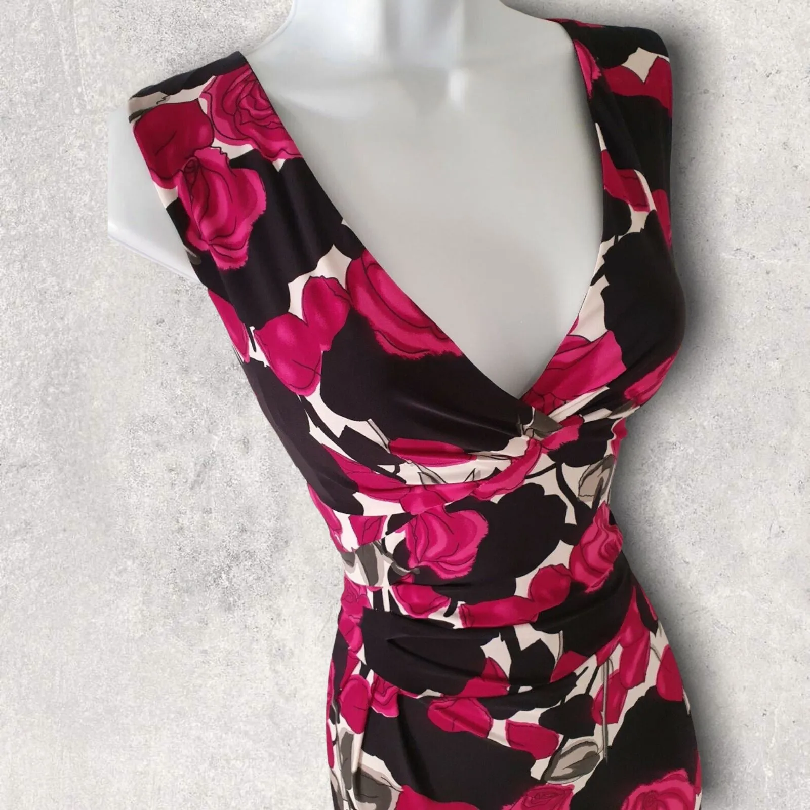 Phase Eight Black & Pink Floral Rose Draped Gathered Bodycon Dress UK 8 US 4 EU 36