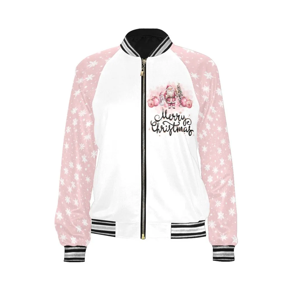 Pink Christmas Santa Snowflakes Bomber Jacket for Women