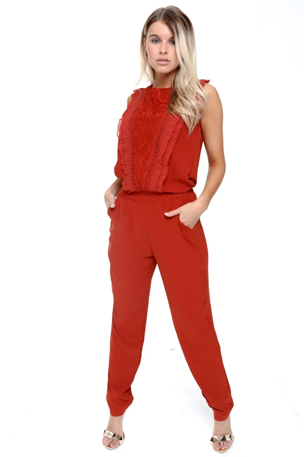 Pleated Ruffle Lace Detail Pocket Smart Jumpsuit