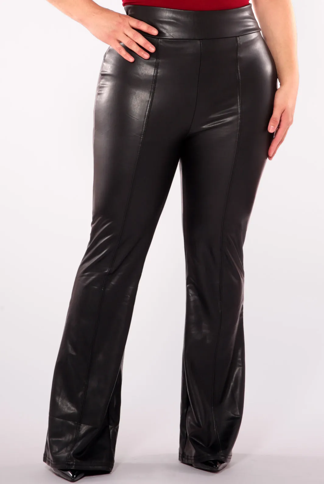 Plus Size High Waist Sculpting PU Faux Leather Flare Pants - Black