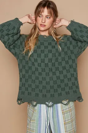 POL Checkered Distressed Edge Sweater