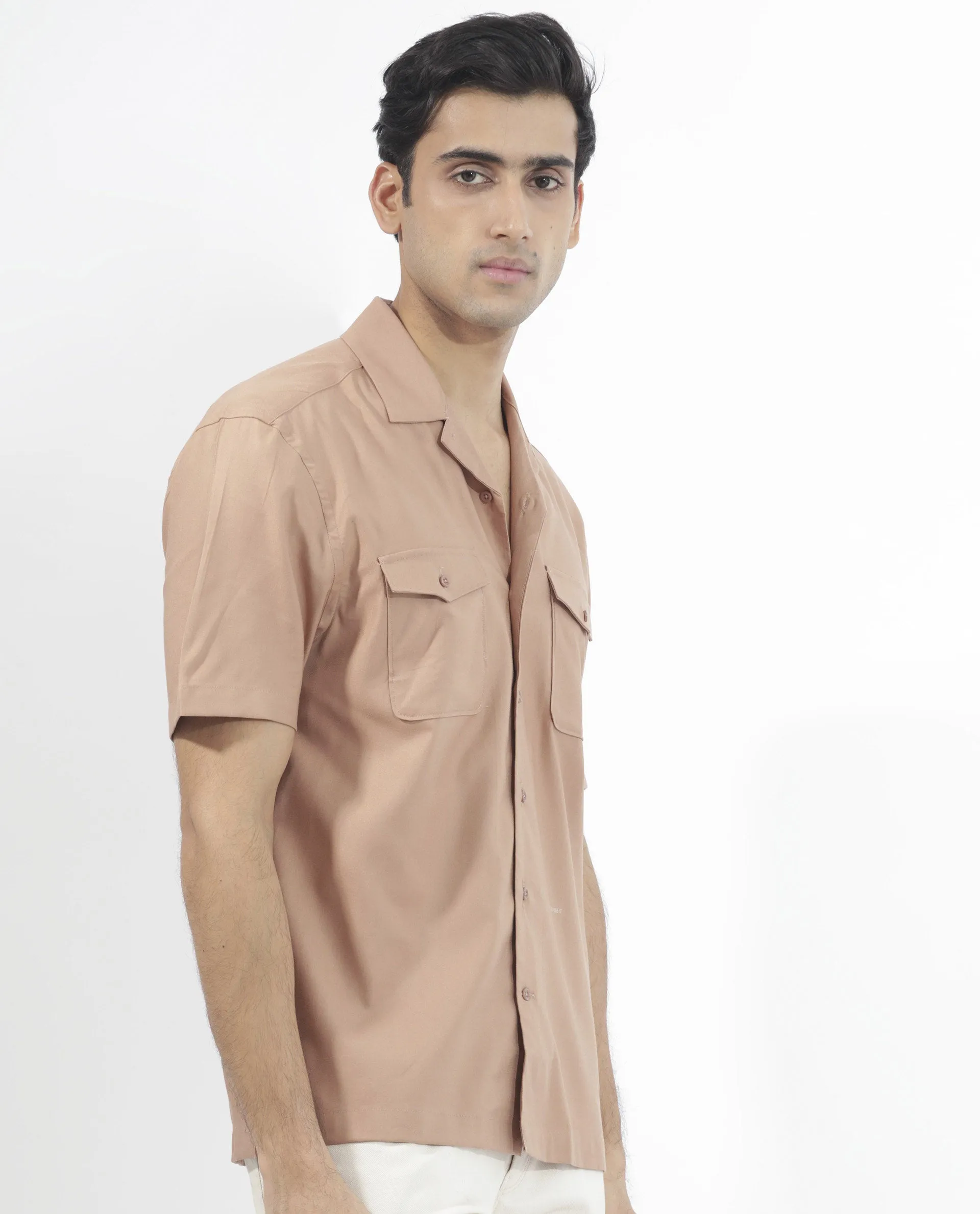 Rare Rabbit Men's Salford Light Brown Cuban Collar Half Sleeves Two Flap Pocket Solid Shirt