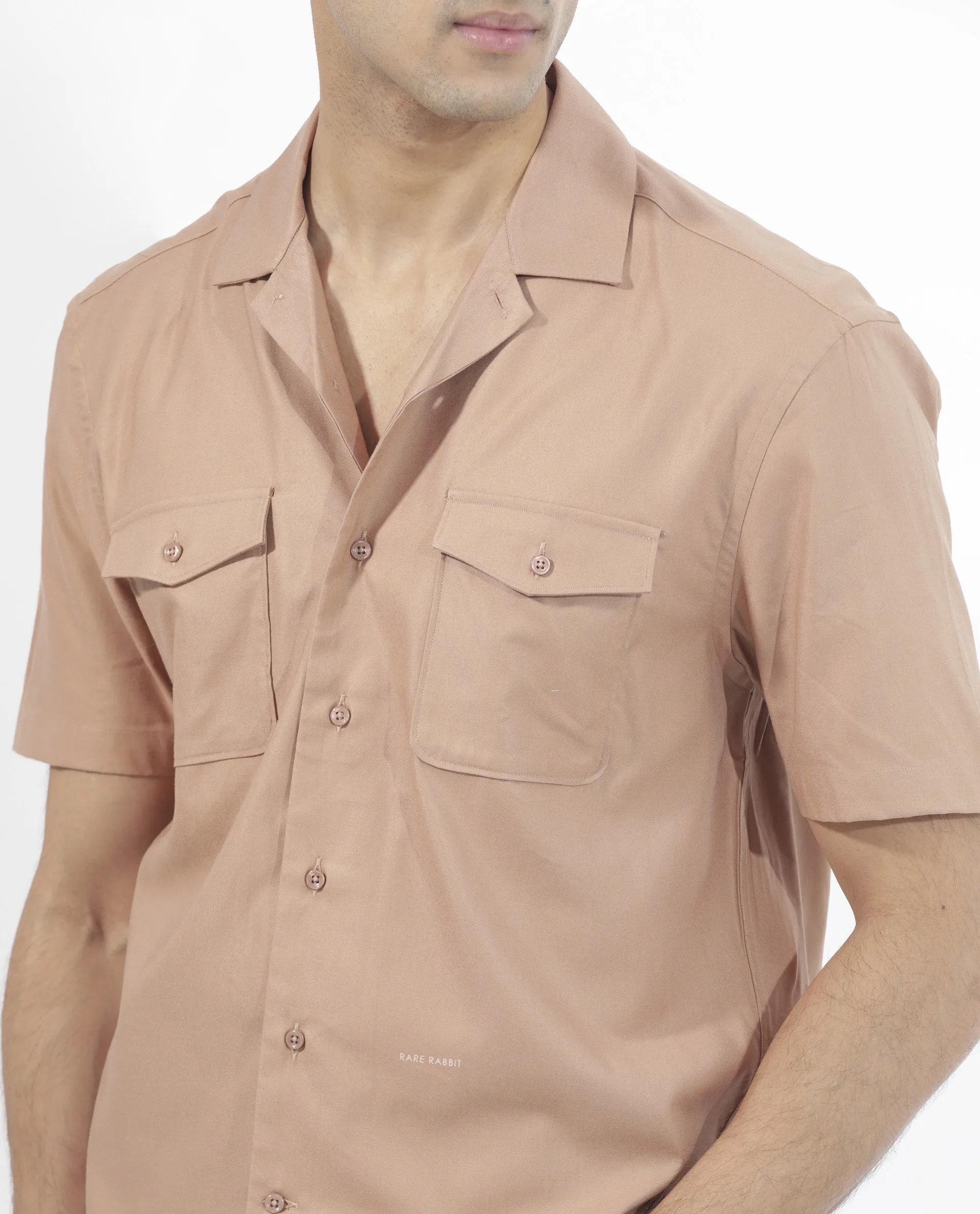 Rare Rabbit Men's Salford Light Brown Cuban Collar Half Sleeves Two Flap Pocket Solid Shirt