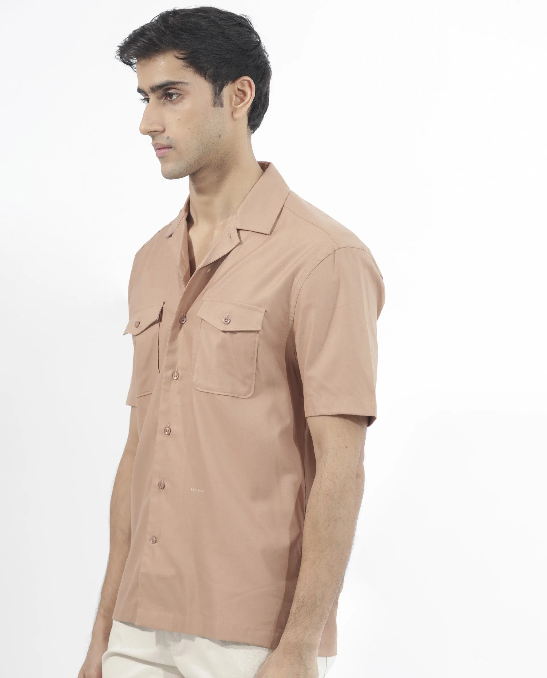 Rare Rabbit Men's Salford Light Brown Cuban Collar Half Sleeves Two Flap Pocket Solid Shirt