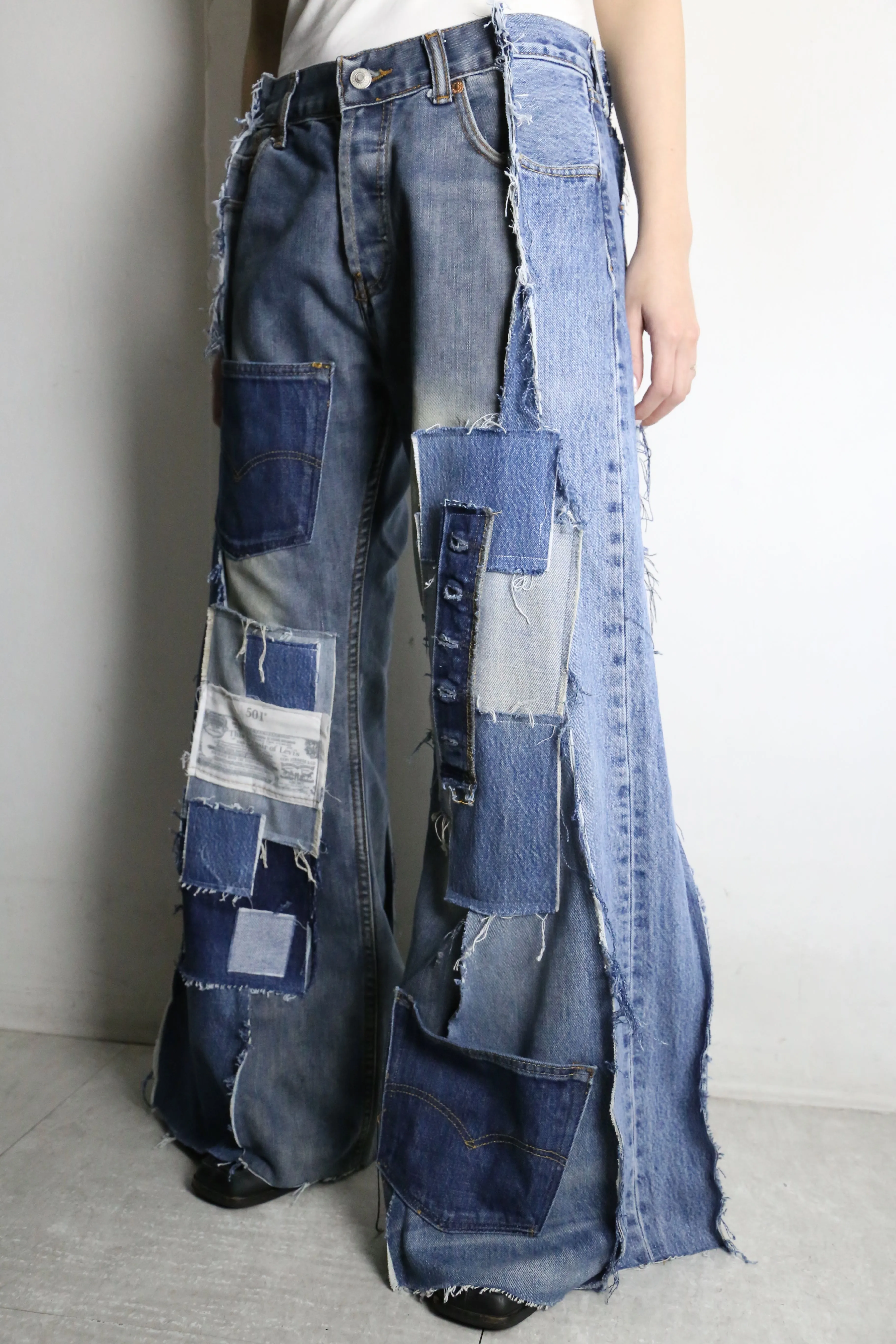 “Re:make” patchwork design docking flare denim pants