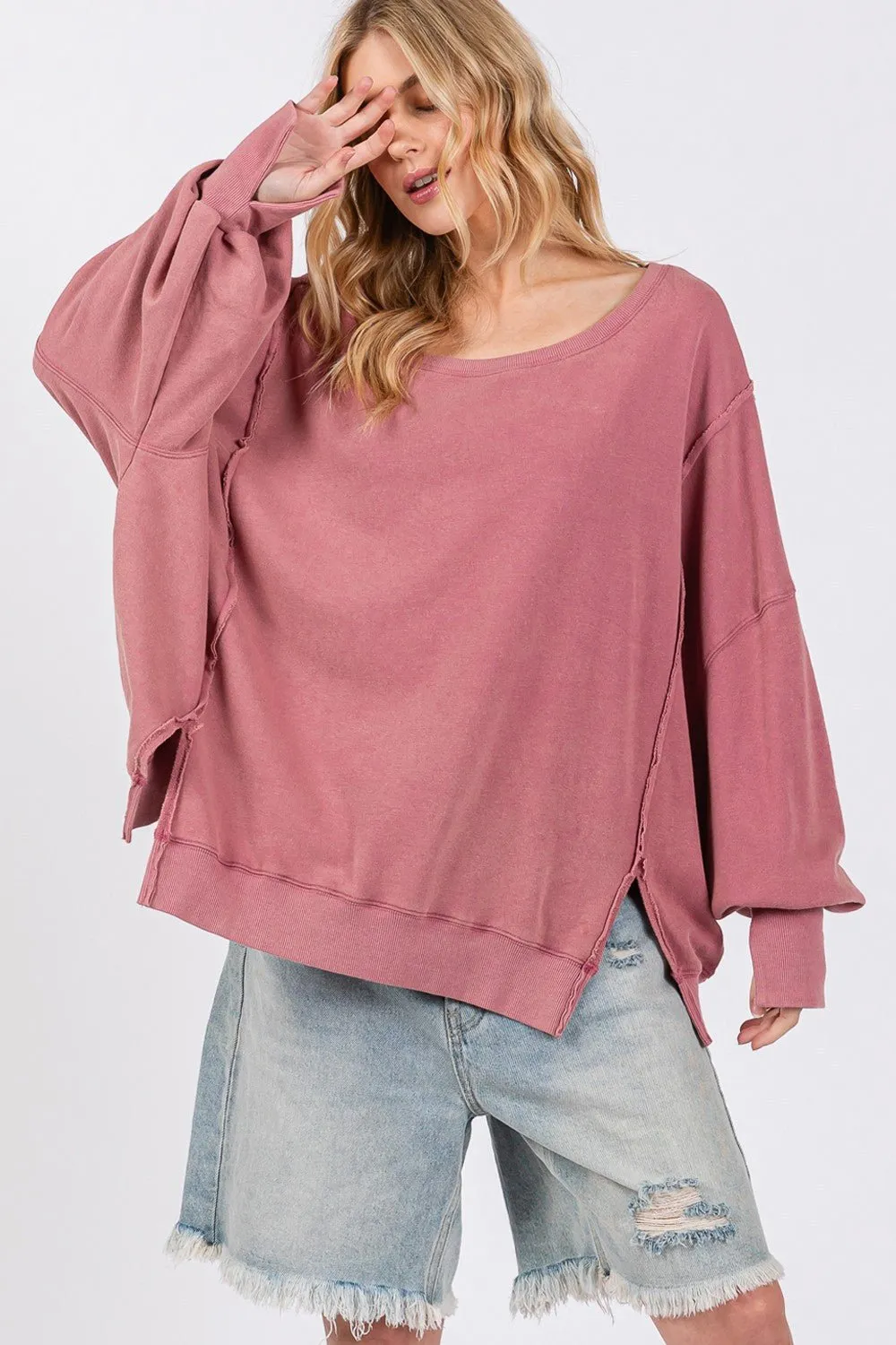 SAGE   FIG Mineral Wash Side Slit Oversized Sweatshirt