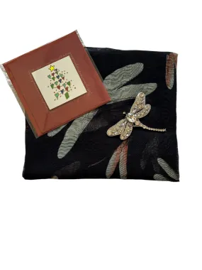 Scarf Gift Pack - Dragonfly Scarf Navy  Brooch   Card