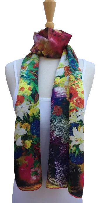 Scarf with colorful and painterly floral scene