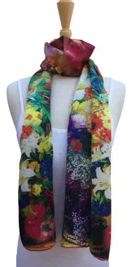 Scarf with colorful and painterly floral scene