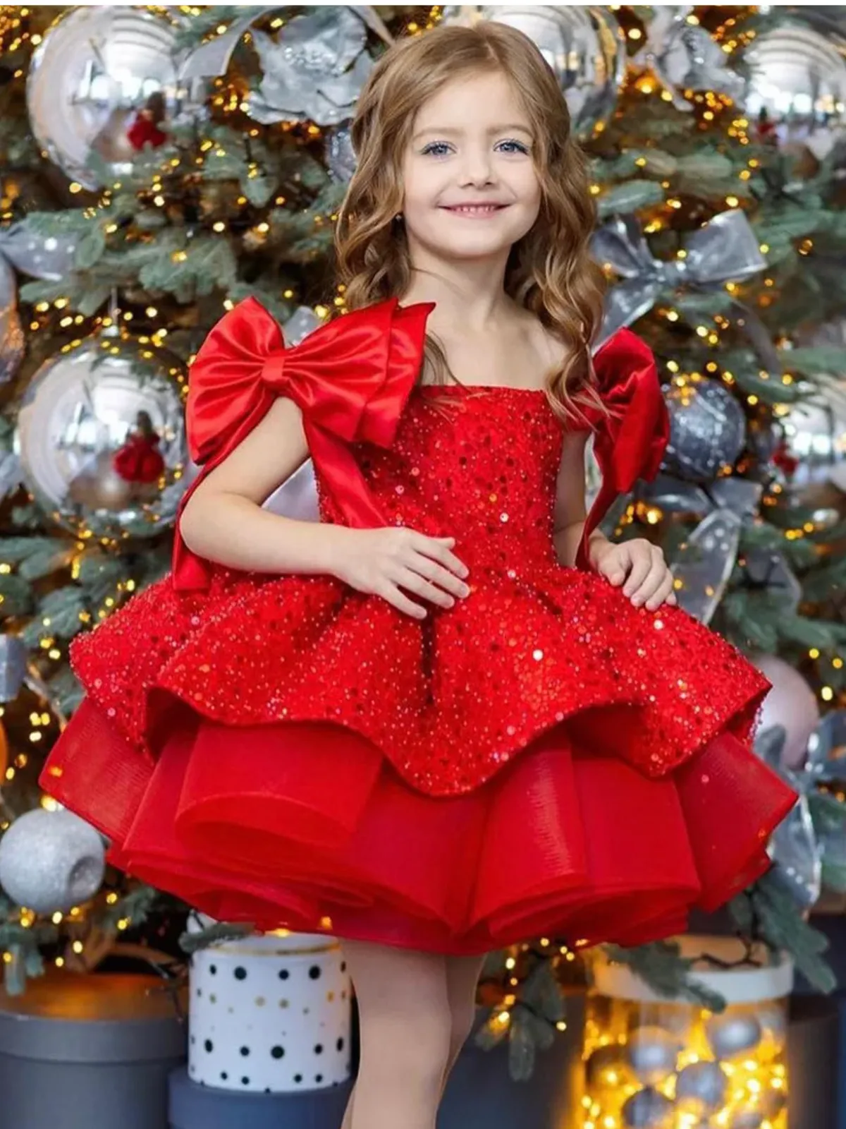 Sequin Princess Festive Holiday Gown with Double Bows