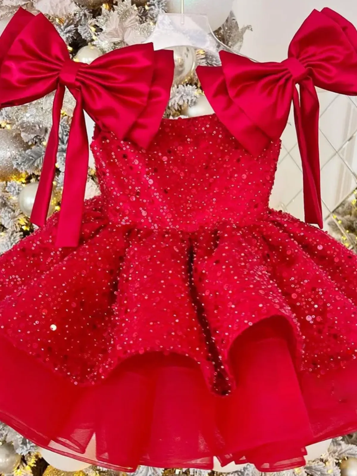 Sequin Princess Festive Holiday Gown with Double Bows