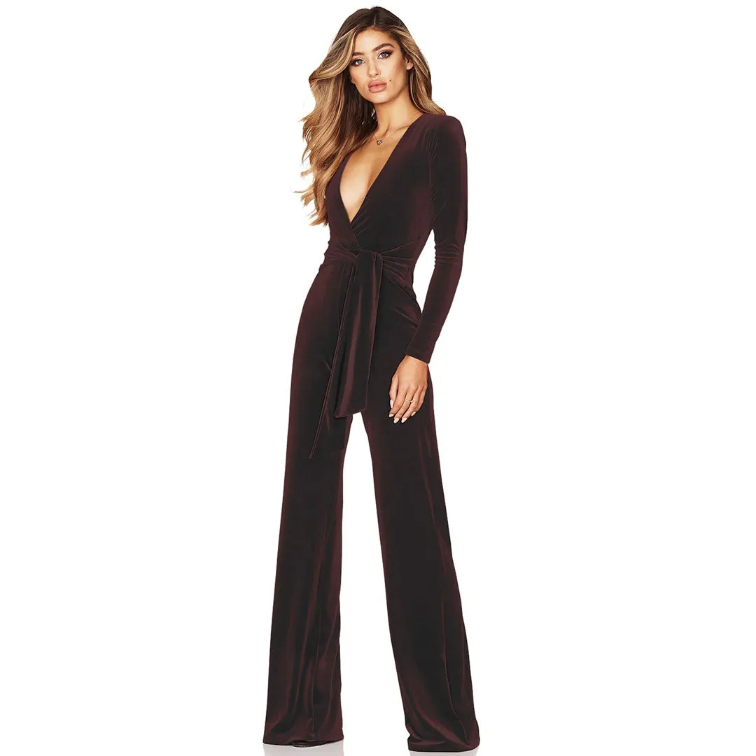 Sexy Plunge Neck Long Sleeve Tie Waist Wide Leg Velvet Jumpsuit - Coffee