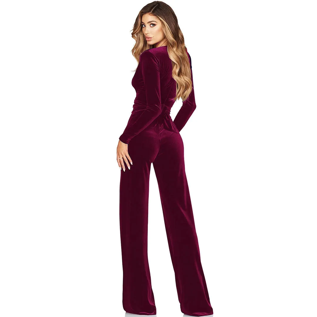 Sexy Plunge Neck Long Sleeve Tie Waist Wide Leg Velvet Jumpsuit - Fuchsia