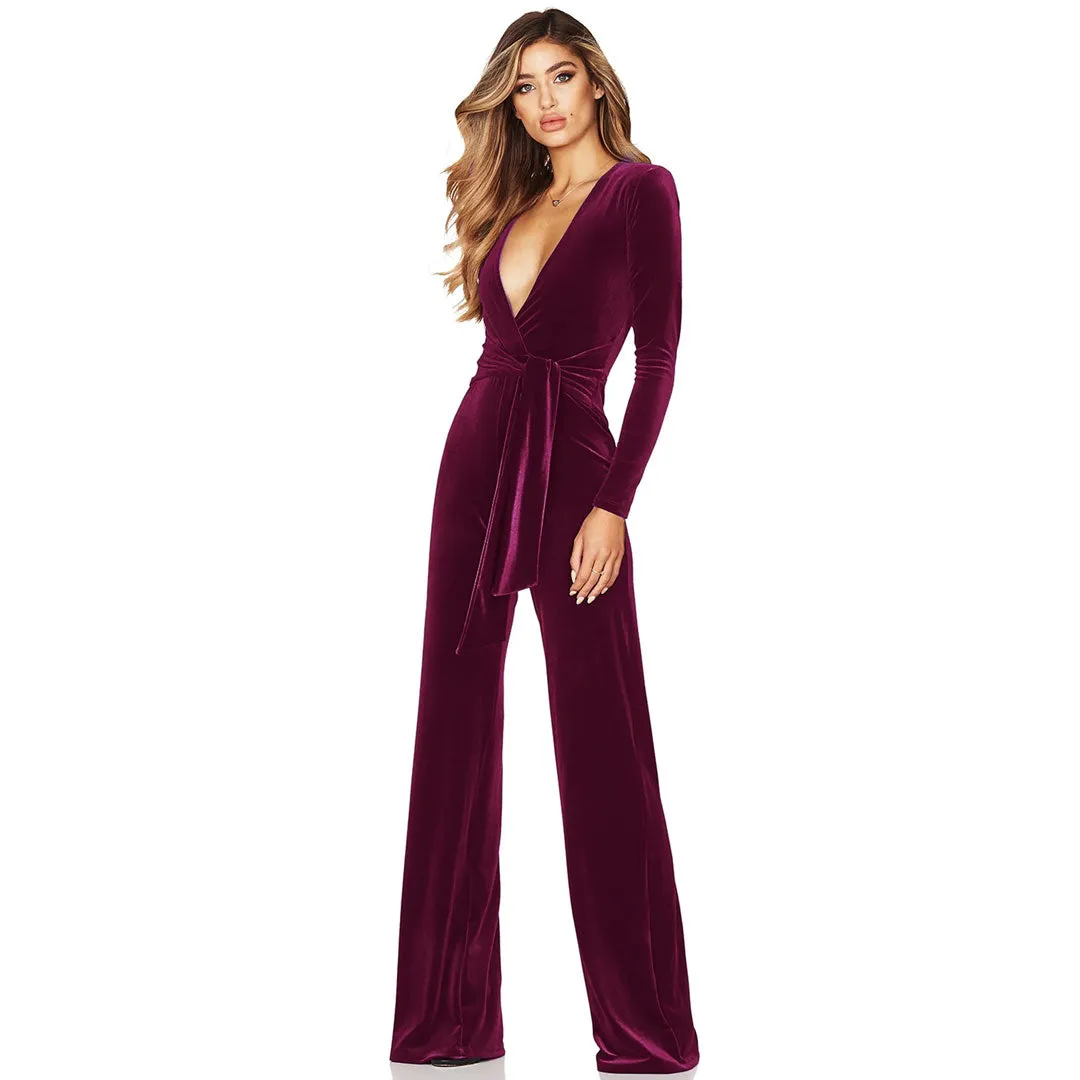 Sexy Plunge Neck Long Sleeve Tie Waist Wide Leg Velvet Jumpsuit - Fuchsia