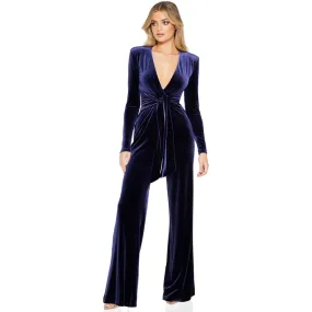 Sexy Plunge Neck Long Sleeve Tie Waist Wide Leg Velvet Jumpsuit - Navy Blue