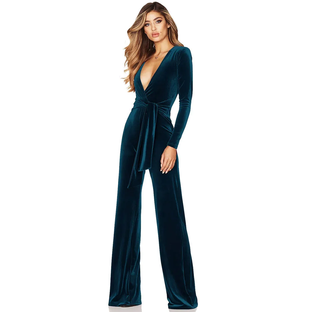 Sexy Plunge Neck Long Sleeve Tie Waist Wide Leg Velvet Jumpsuit - Teal