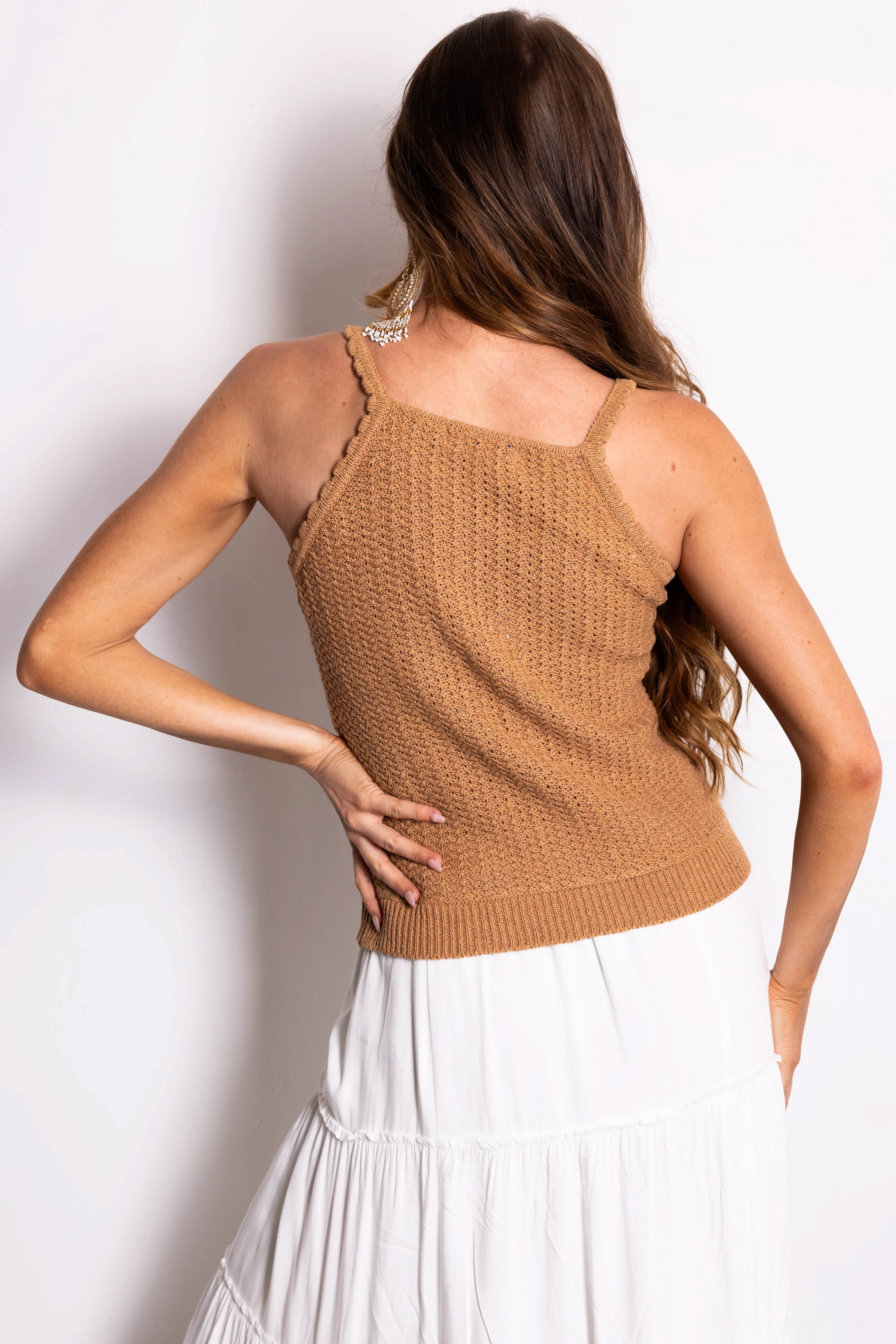 She Sky Copper Scalloped Trim Crochet Tank Top