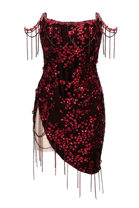 Sparkly Rhinestone Fringe Sequin Split Semi Sheer Corset Party Mini Dress - Burgundy