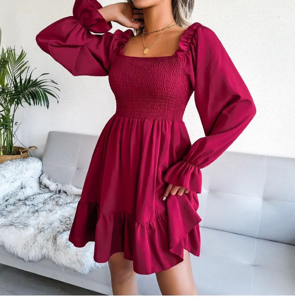 Square Neck Flared Ruffled Swing Dress