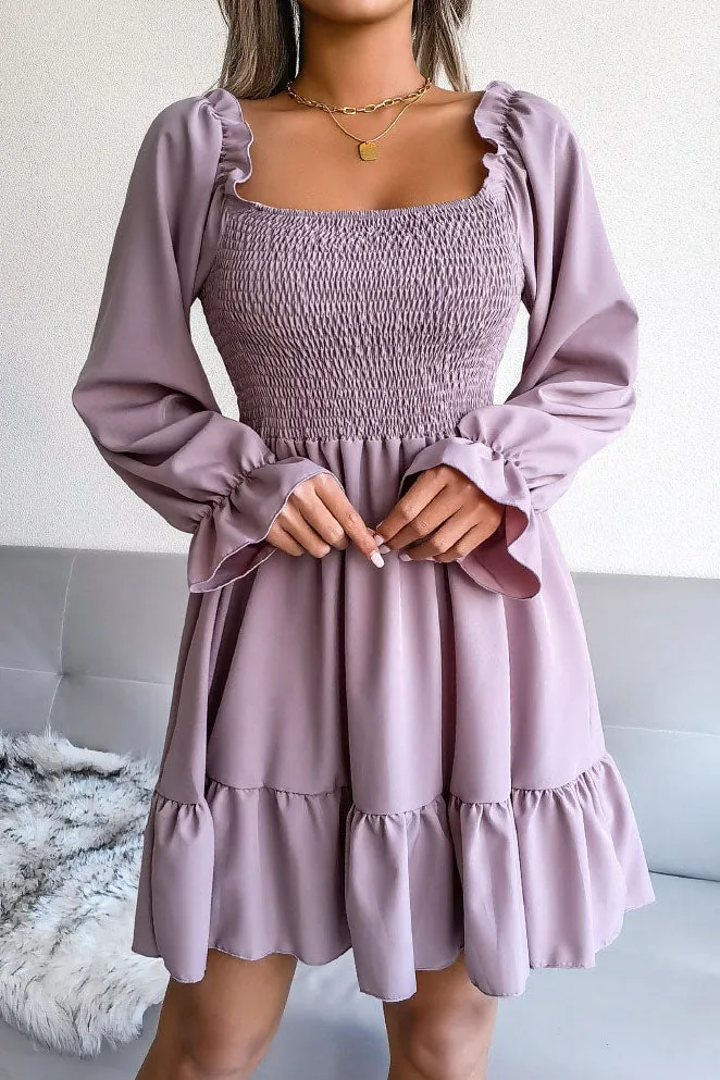 Square Neck Flared Ruffled Swing Dress