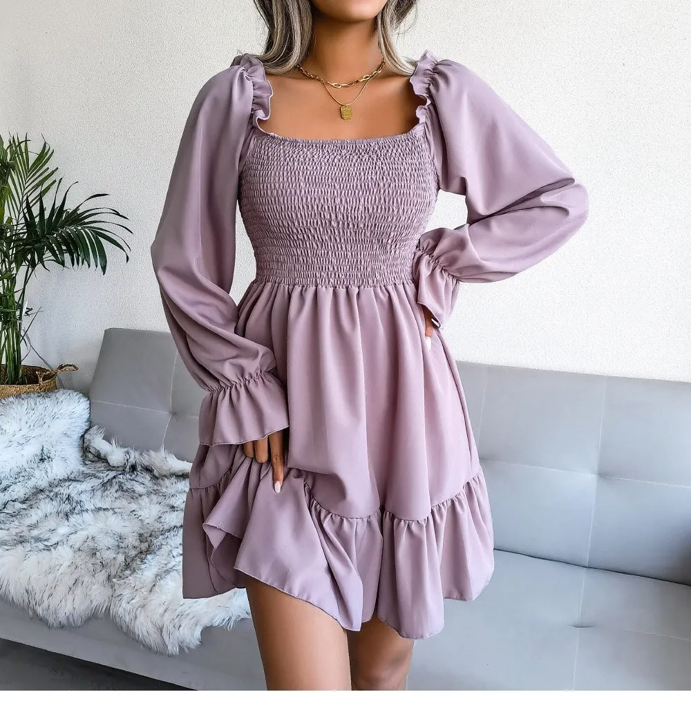 Square Neck Flared Ruffled Swing Dress