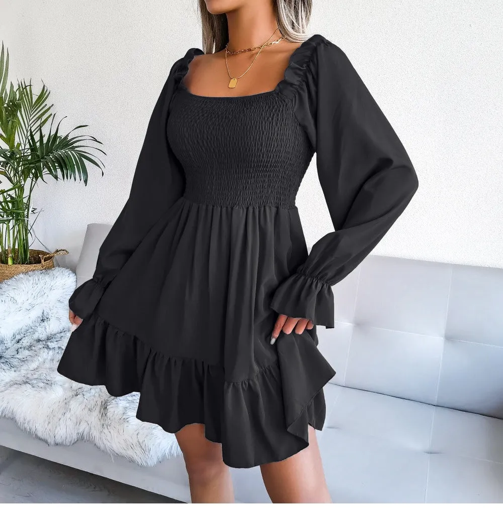 Square Neck Flared Ruffled Swing Dress