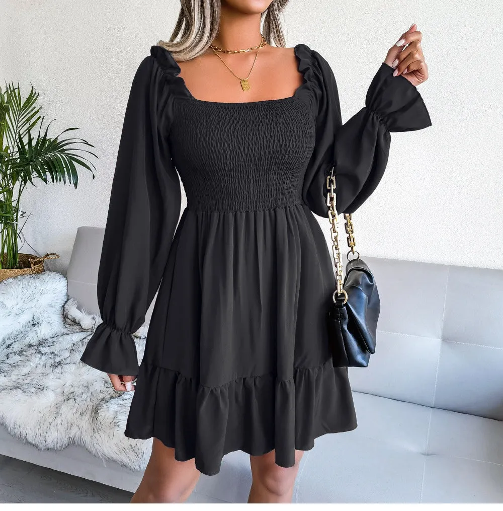 Square Neck Flared Ruffled Swing Dress