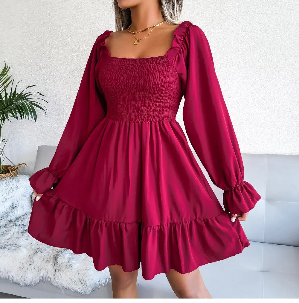 Square Neck Flared Ruffled Swing Dress