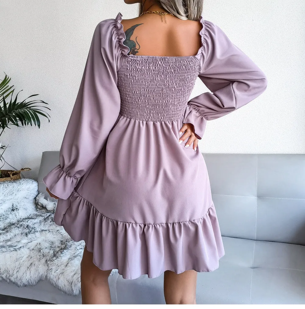 Square Neck Flared Ruffled Swing Dress