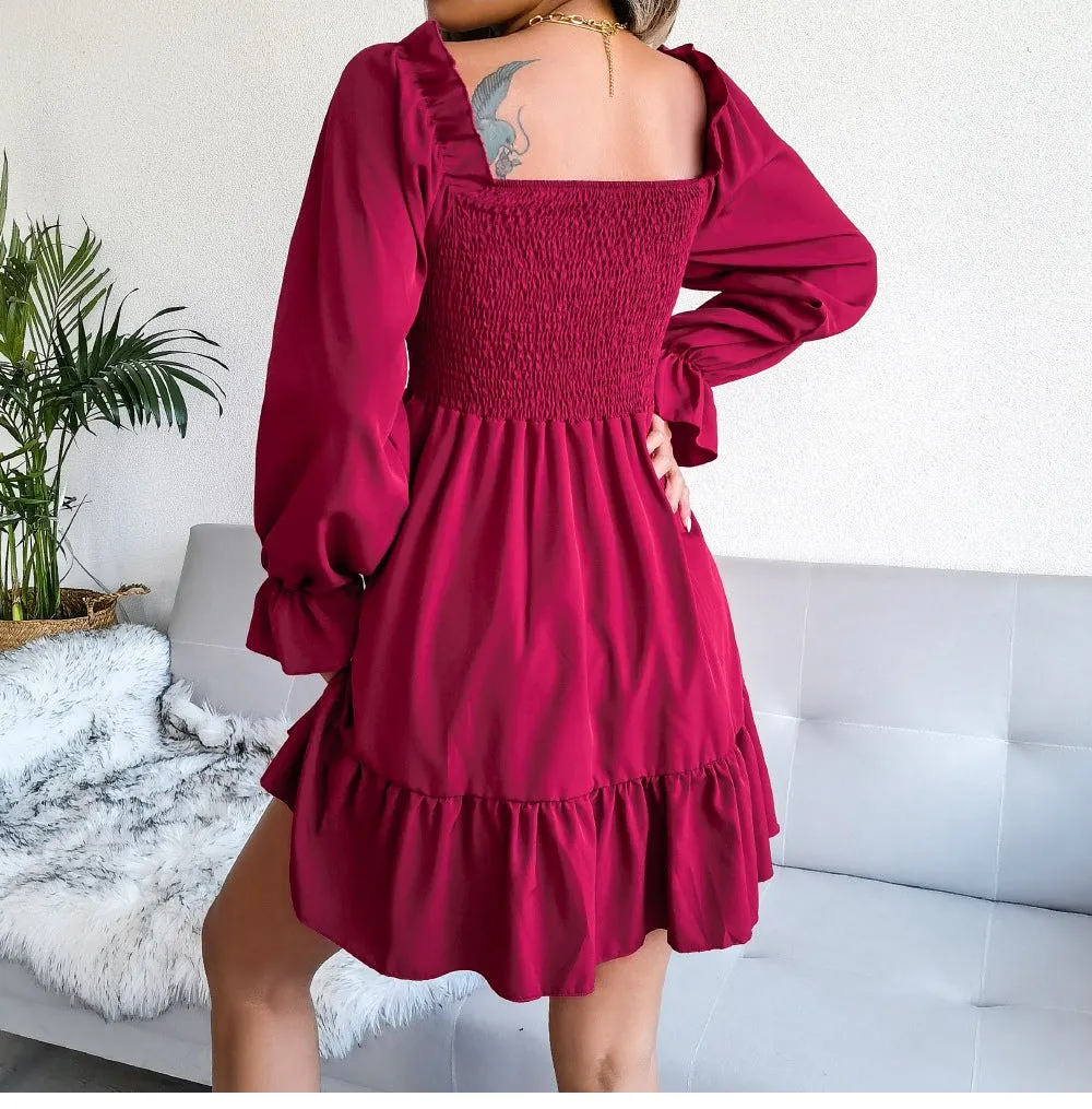 Square Neck Flared Ruffled Swing Dress