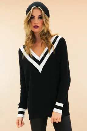 Talia V-Neck Varsity Sweater - Black