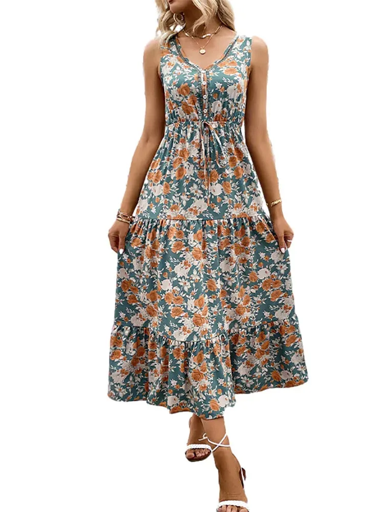 Toleet-Women V Neck Tank Dress Elegant Sleeveless Floral Printing Long Dress Casual Loose Lace-up A-line Skirt