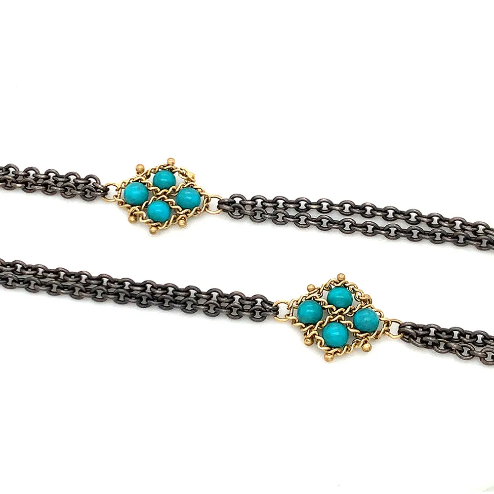 Turquoise Bead & Textile Yellow Gold Station Necklace - "Azora"