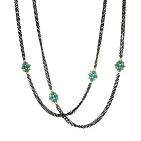 Turquoise Bead & Textile Yellow Gold Station Necklace - "Azora"