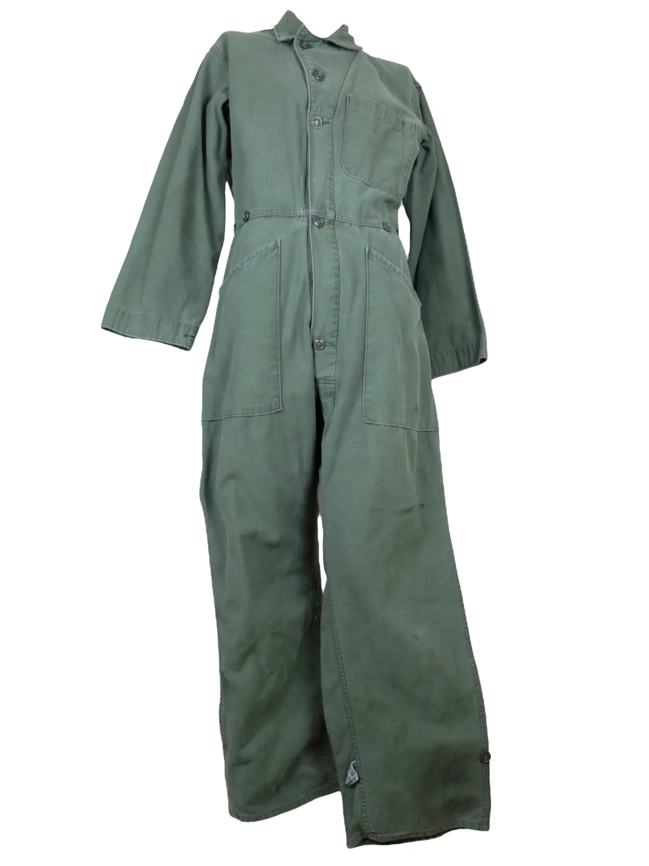 Vintage 70s Men’s Unisex Utility Khaki Green Button Up Collared Jumpsuit Coveralls | Men’s Size S